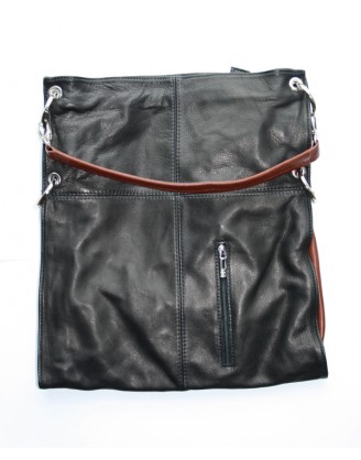 Black and cognac-colored leather bag with fold-over effect